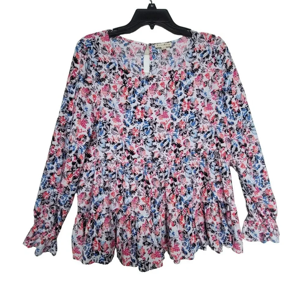 Size L Women's Jane and Delancey Shirt White Blue Pink Black Floral Long Sleeve